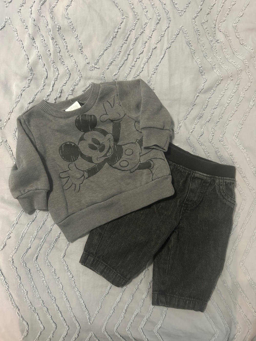 Disney Baby and Garanimals Set. Gray Mickey Baby Sweatshirt & black Jean pants